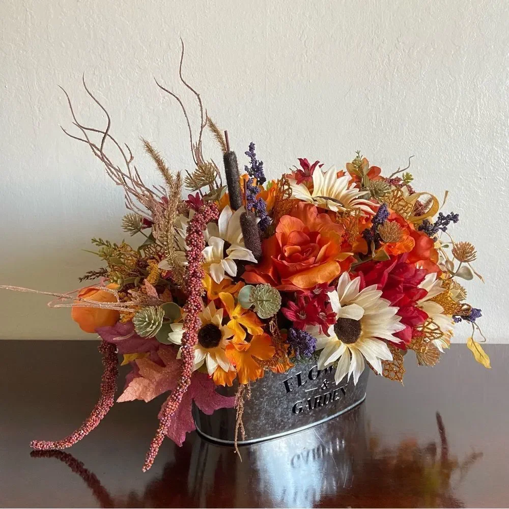 Faux Floral Bouquet With Orange Roses/Cream Sunflowers